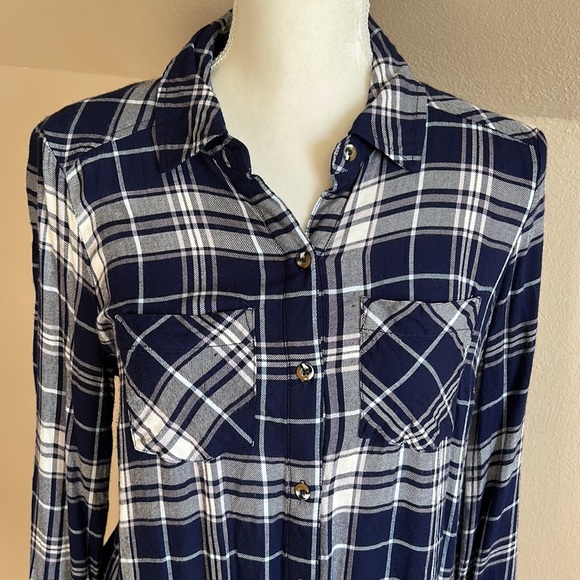 Motherhood flannel plaid maternity dress navy and white button front - Picture 1 of 11